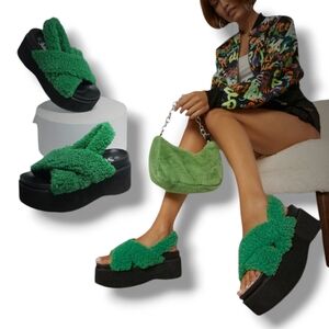 New ‼️SHUZIA Women's Fuzzy Crisscross Slingback Platform Sandals in Green